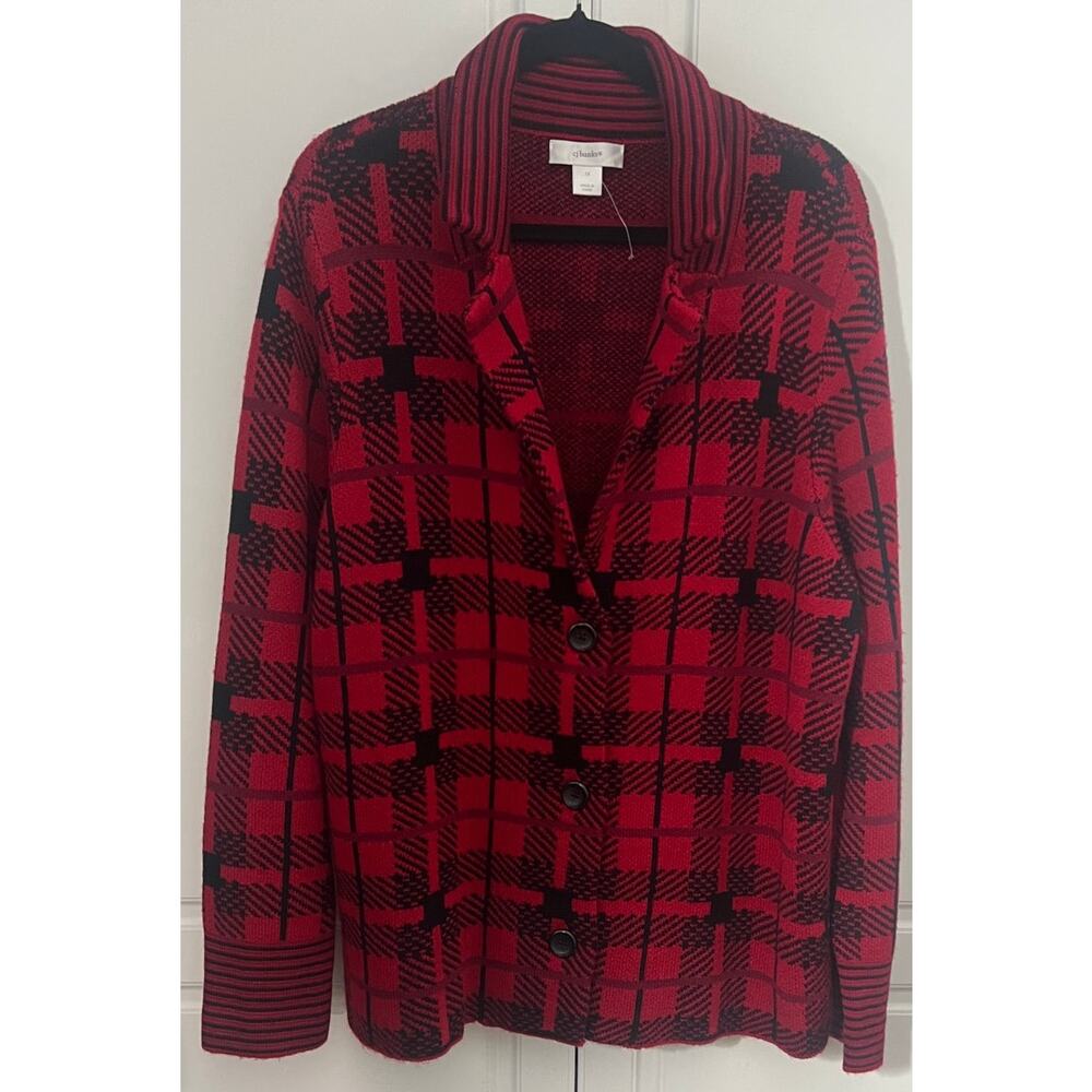 CJ Banks Red/Black Plaid Knit Cardigan Blazer 3 Button Notched Collar Size 1X